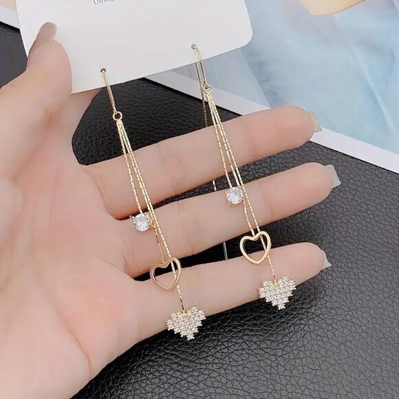 NEW Gold Long Tassel Dangle Earrings with Hearts – Elegant & Trendy Jewelry - Picture 2 of 2